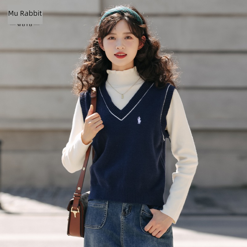 Moxa rabbit V-neck No.15 New products Academic atmosphere Solid color Embroidery