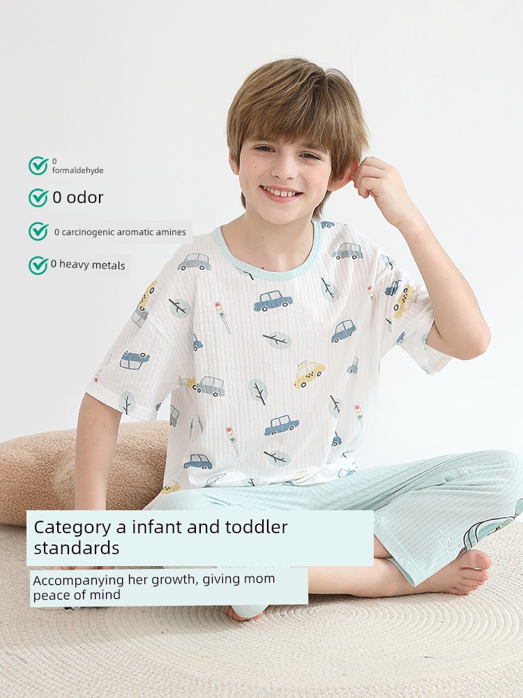 Dolaer Kidsren's Pajamas Summer Thin Pure Cotton Antibacterial Air-Conditioned Clothing for Boys and Girls Big Kidsren Boys Home Clothes Set — 2