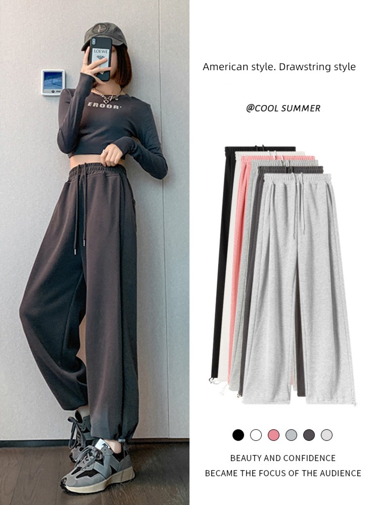 grey Spring and summer Drawstring leisure time Tie one's feet motion Wide leg pants