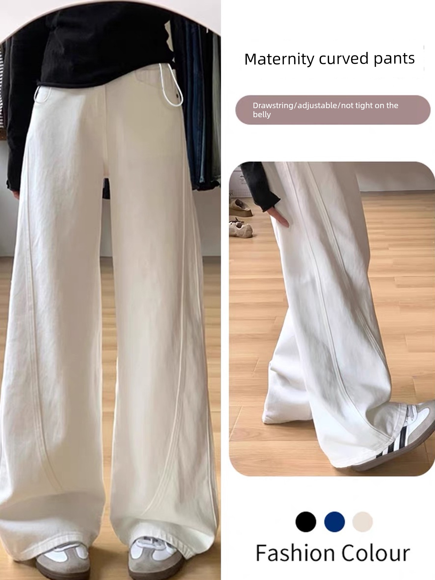 Maternity Pants Without Belly Support, Autumn Wear, Loose Fit, Slimming, Wide-Leg Pants, Autumn Season, Non-Tightening on the Belly, Drapey Jeans