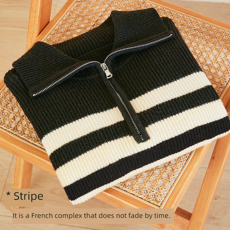 Tricolor Autumn and winter Color contrast stripe Half zipper Lapel sweater