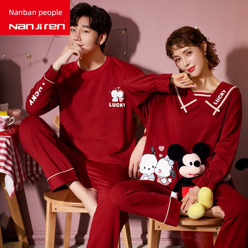 NGGGN gules female pure cotton newly-married lovers pajamas