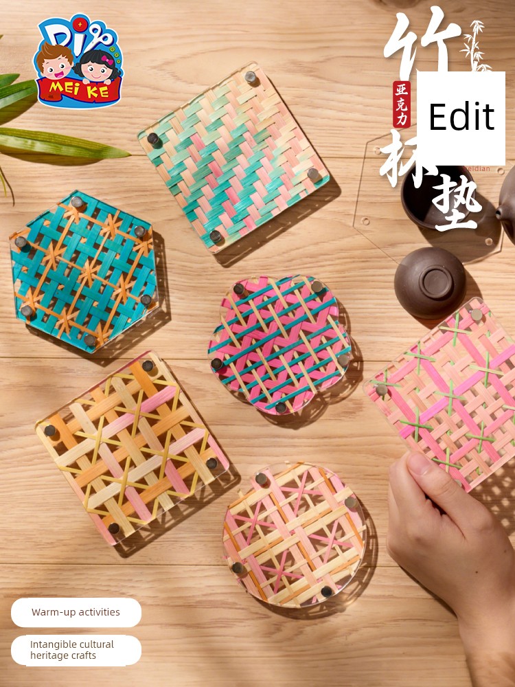 Mid-Autumn Festival Intangible Cultural Heritage Acrylic Bamboo Weaving Coasters Handmade DIY Bamboo Strip Making Materials Children's Warm-Up Activity Gifts