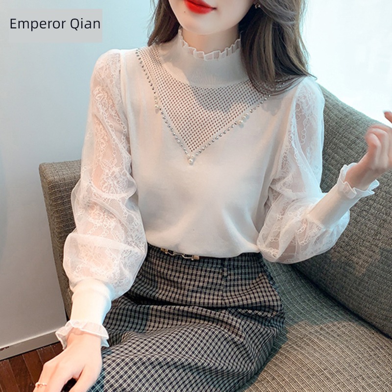 Half high collar Autumn clothes Inner lap Plush Lace Sweater