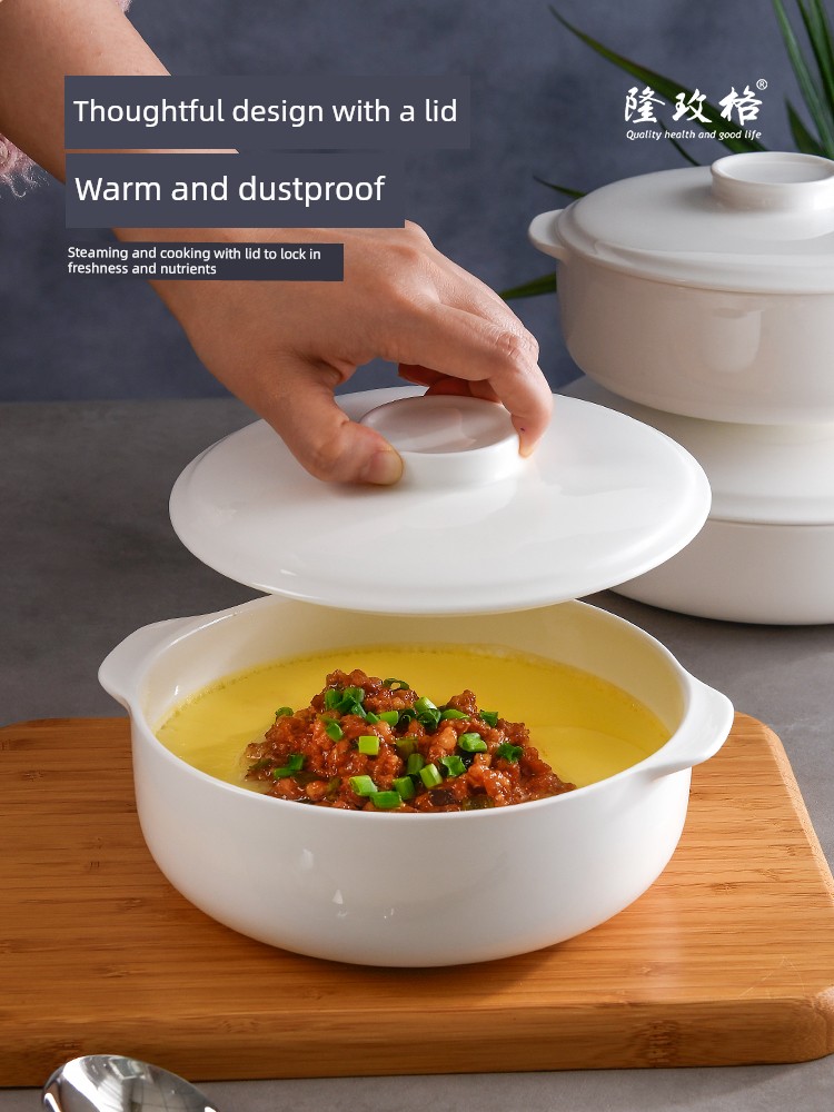 Bone China Binaural Steamed Steamed Egg Custard Dedicated Bowl Microwaveable Steaming Bowl Bowl with Lid Ceramic Food Grade Japanese Homemade Underglaze