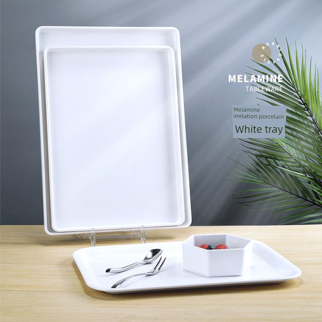 Melamine tray rectangular white plastic tea cup water cup tray fruit tray cake bread display tray commercial