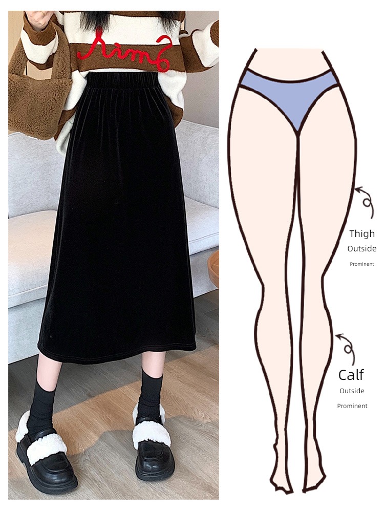 Autumn and winter Medium and long term black High waist Velvet skirt
