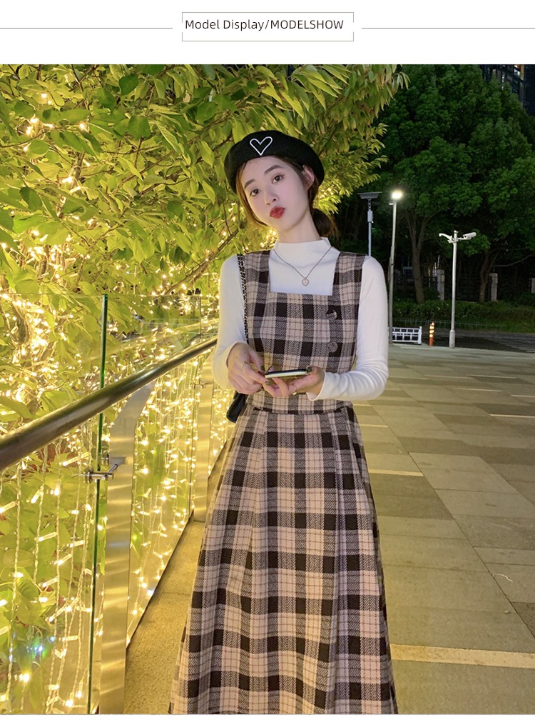 Autumn and winter French Check pattern Wool Dress suit straps