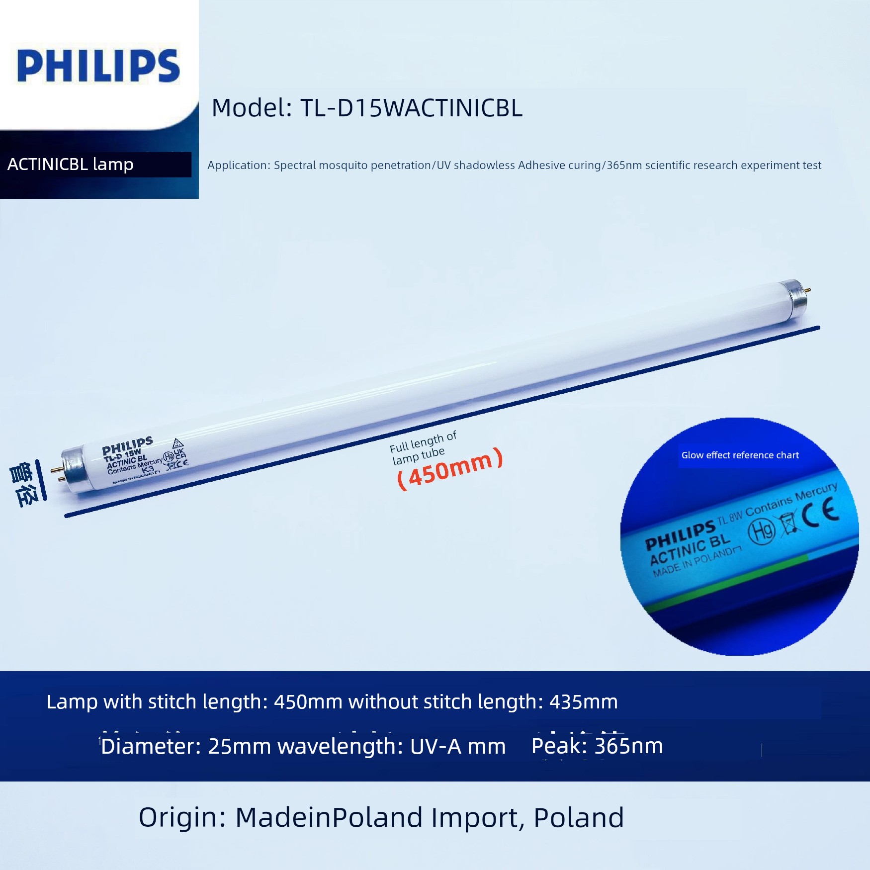 Philips Tl15wbl10 UV 365nm Mosquito Trap Fly Killing UV Ultraviolet Rays-Curing Adhesive Curing Drying Version Uva15w Lamp Tube
