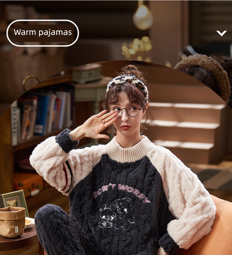 Coral velvet female spring and autumn winter keep warm flange pajamas