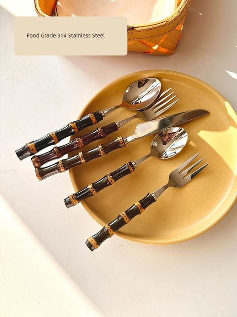 Retro Japanese Natural Bamboo Western Tableware Set Steak Knife and Fork Spoon Restaurant 304 Stainless Steel Dessert Fork Spoon