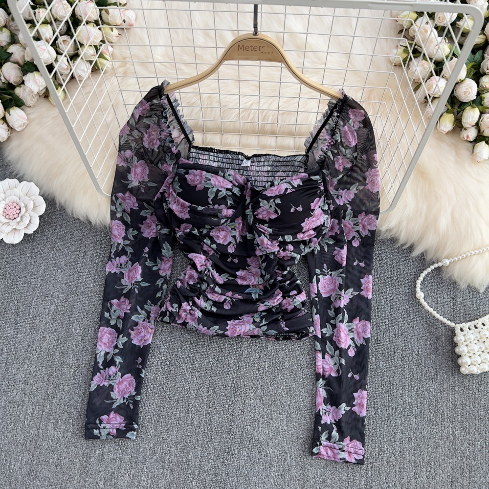 Celebrity sexy hottie Long sleeve square neck fold Gauze