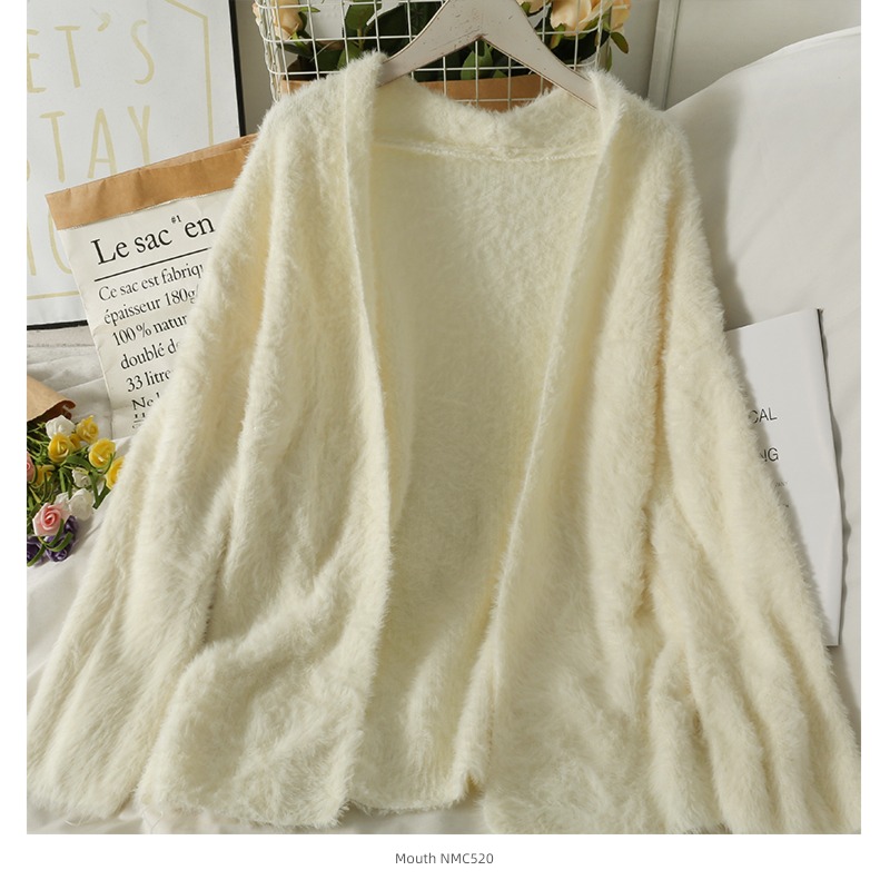 loose coat female Sweet  Plush Solid color No buckle Cardigan
