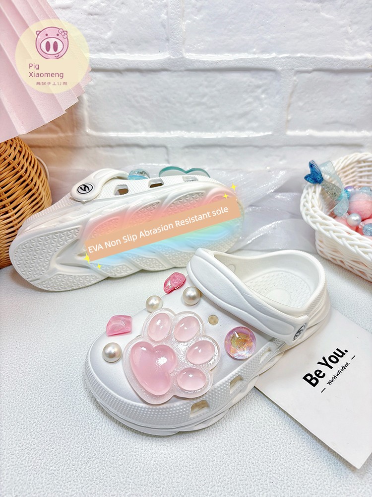 Cat's Paw Hole Shoes Girl White One-Piece Slippers Kids Swimming Outdoor Non-Slip Soft Bottom Western Style Wet Summer — 4