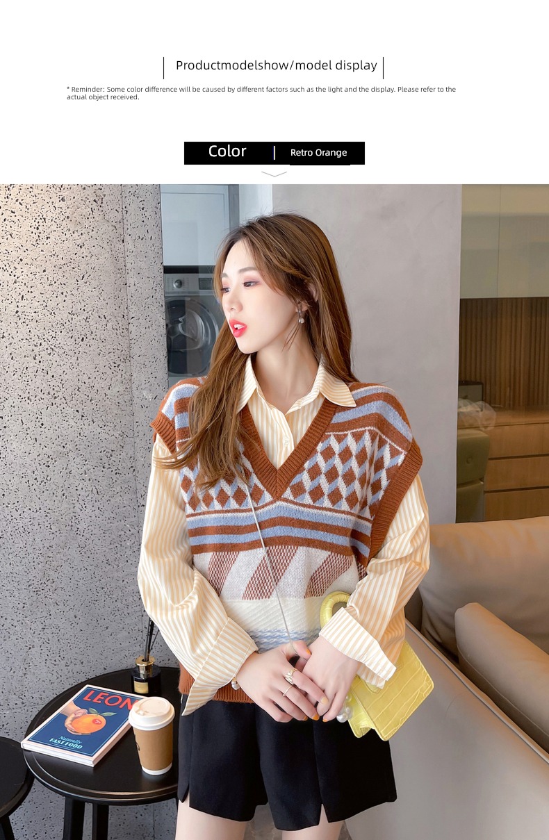 Tang Shi Retro diamond Check pattern V-neck knitting vest