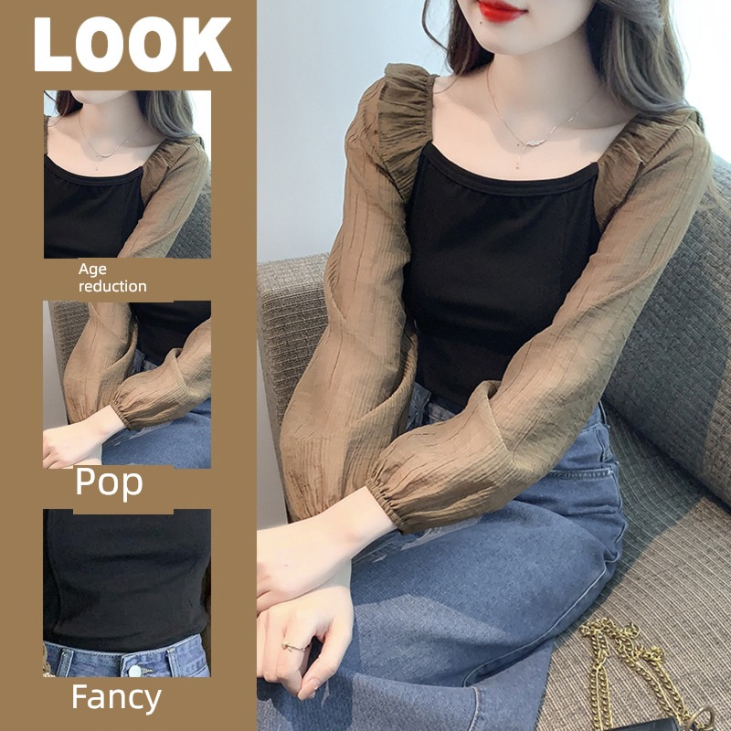 French square neck Autumn style temperament Minority Long sleeve T-shirt