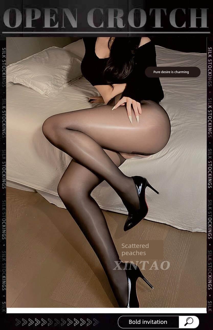 Horse Oil Stockings, Pure White Silk Pantyhose, Sexy Thin Anti-Snag Oil-Shine Black Stockings, Open-Crotch Lace — 2