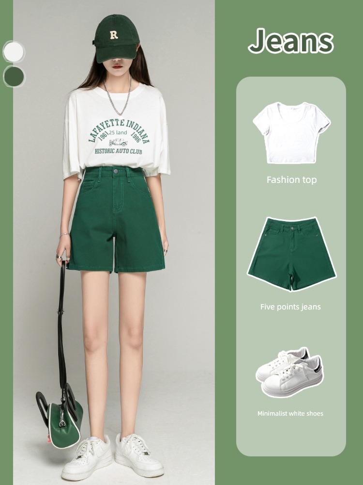 2022 The new High waist leisure time green Denim shorts
