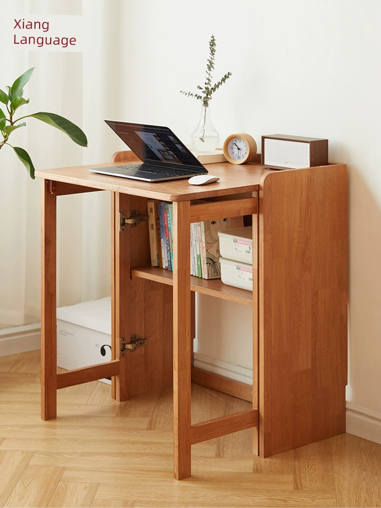 全實木書桌摺疊書櫃一體客廳學習桌小戶型寫字桌家用收納櫃電腦桌