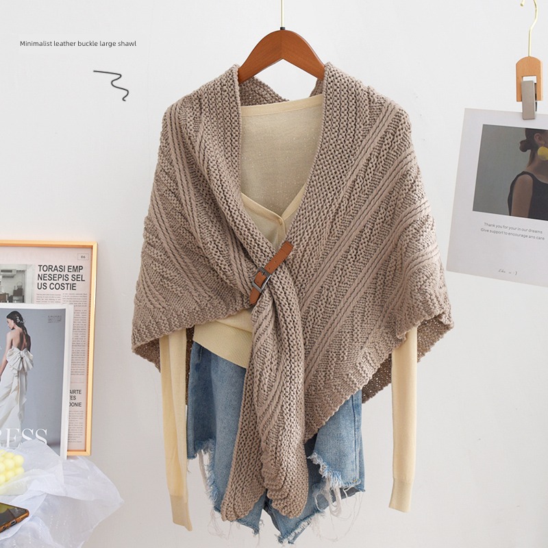 Internet celebrity Four seasons Leather buckle Autumn and winter keep warm knitting Shawl