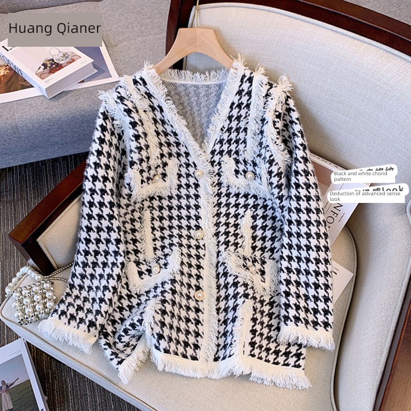 Little fragrance Tweed Spring  houndstooth  loose coat