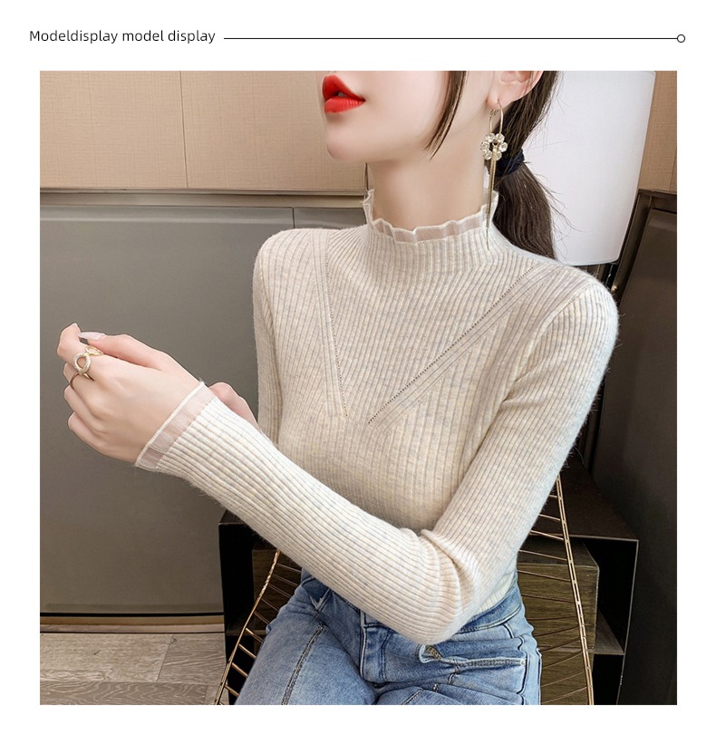 Autumn and winter Inner lap Foreign style Lace stitching Middle collar sweater