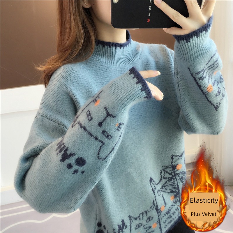Half high collar Plush thickening easy Condom knitting sweater