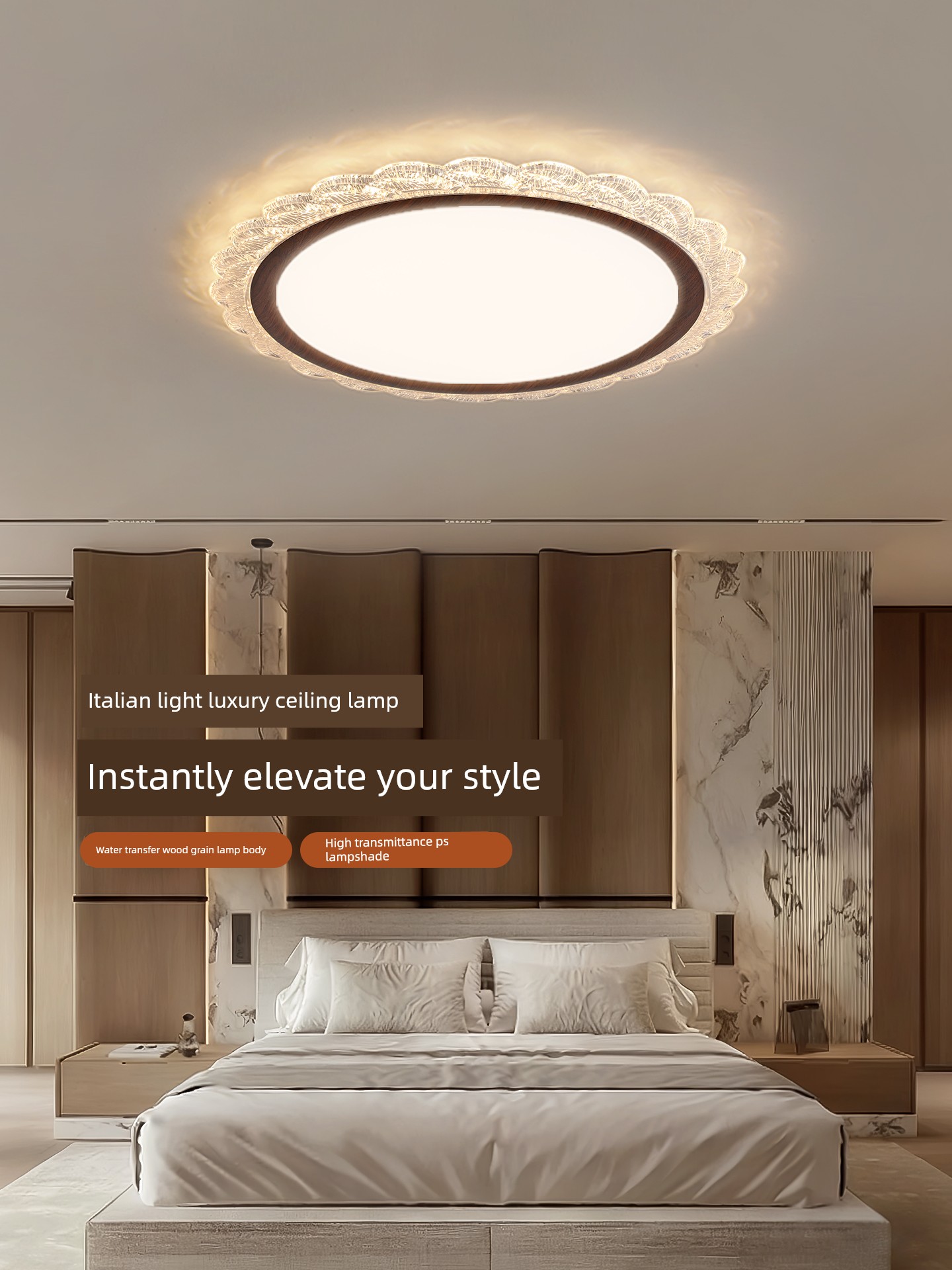 Bedroom Lamp Italian Minimalist Style Master Bedroom Study Room Lighting New High-End Light Luxury Crystal Wave Ceiling Lamp E002