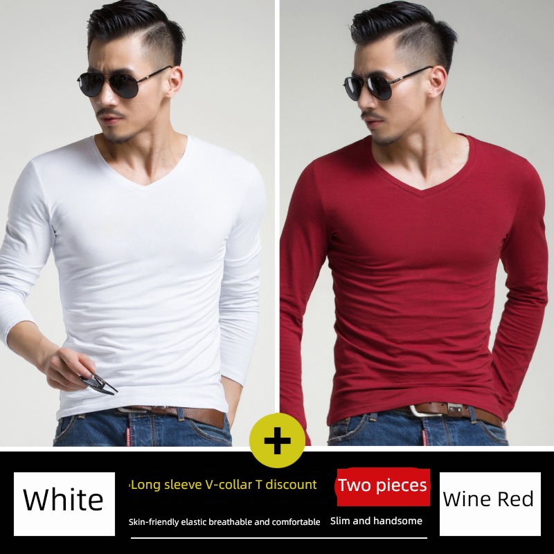 man V-collar Spring  Inner lap Tight fitting Long sleeve T-shirt