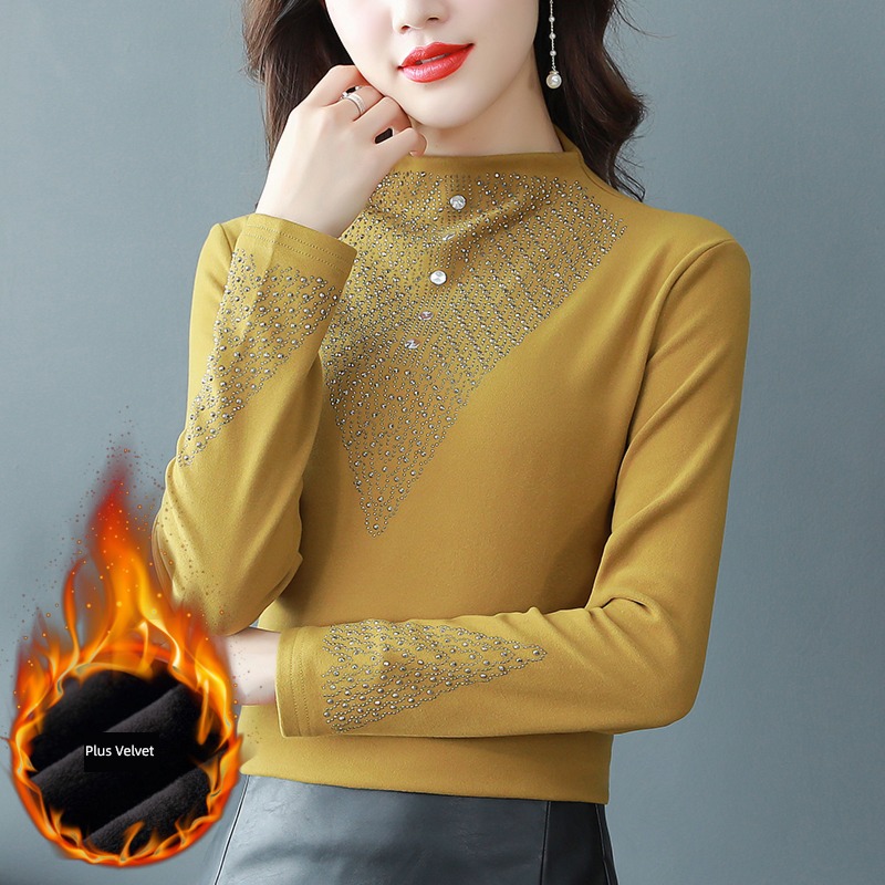 Plush thickening Derong Undershirt female Long sleeve Autumn and winter 2022 new pattern Foreign style keep warm Inner lap T-shirt Hot drilling jacket