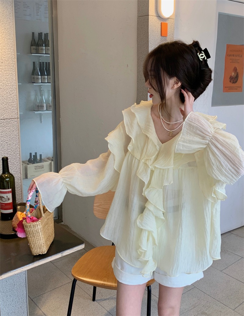 easy Ruffles Long sleeve Lay a foundation jacket Chiffon shirt
