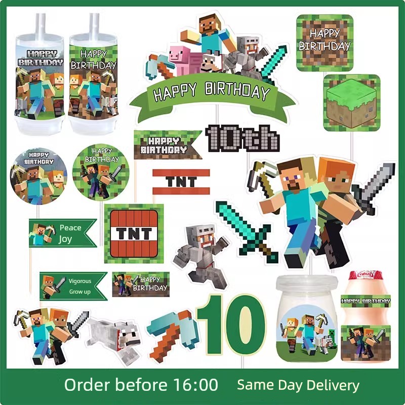 Minecraft Dessert Table Cake Decoration Stickers Building Blocks Figurines Ornaments Children's 10Th Birthday Party