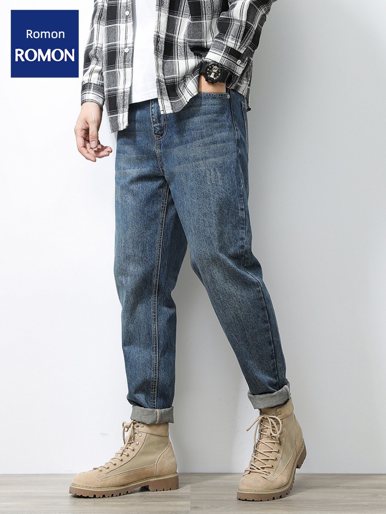 Romon winter Plush thickening Retro leisure time Jeans