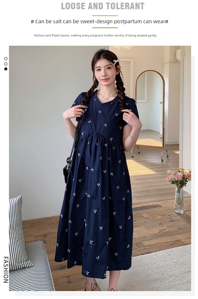 Maternity Wear Summer Loose-Fitting Age-Reducing Embroidered Dress 2026 New Style Petite High-Waisted Slimming Mid-Length Dress — 2