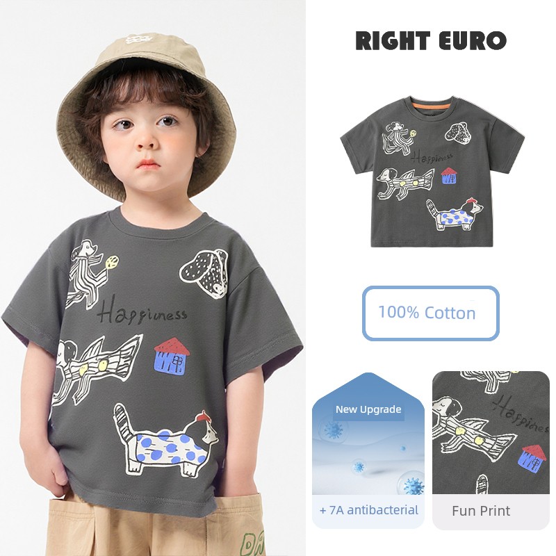[Clearance Short Sleeve T-Shirt Collection 101-2020] Right-Ou Boys' Pure Cotton Short Sleeve T-Shirt Summer Thin Style Trendy Top — 7