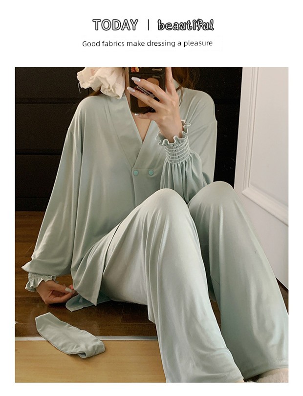Free Hairband with Modal Maternity Pajamas for Women, Spring and Autumn Cool Nursing Postpartum Wear, Summer Thin Style with Breast Pads for Home Use — 5