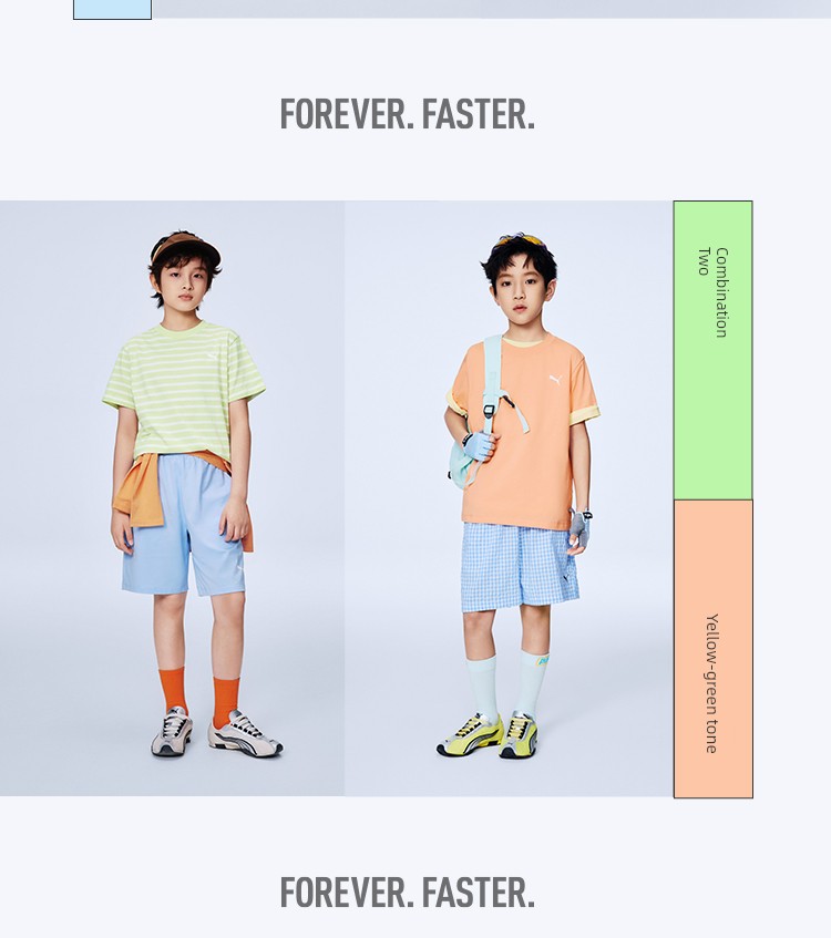 [Channel 2-Piece Set] Puma Children's Clothing 26 Kidsren's Short-Sleeved T-Shirt Fresh and Fashionable Pure Color Stripesd Sports T-Shirt — 8