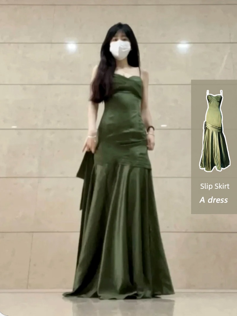 Evening dress blackish green Self-cultivation Show thin Dress