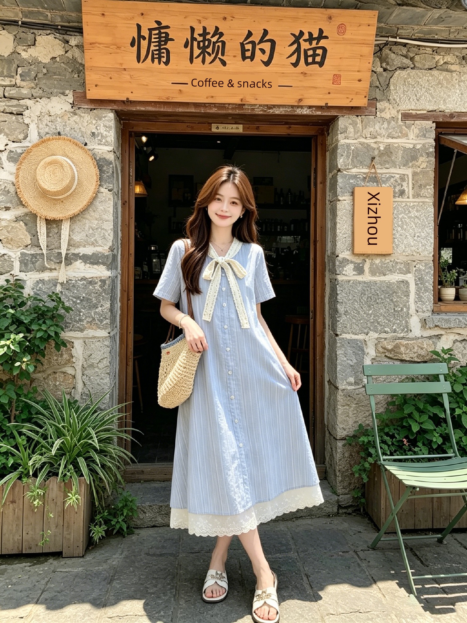 Maternity Dress Summer Thin Style 2026 New Blue Sweet Lace Splicing Short-Sleeved A-Line Dress Mid-Length for Women — 4