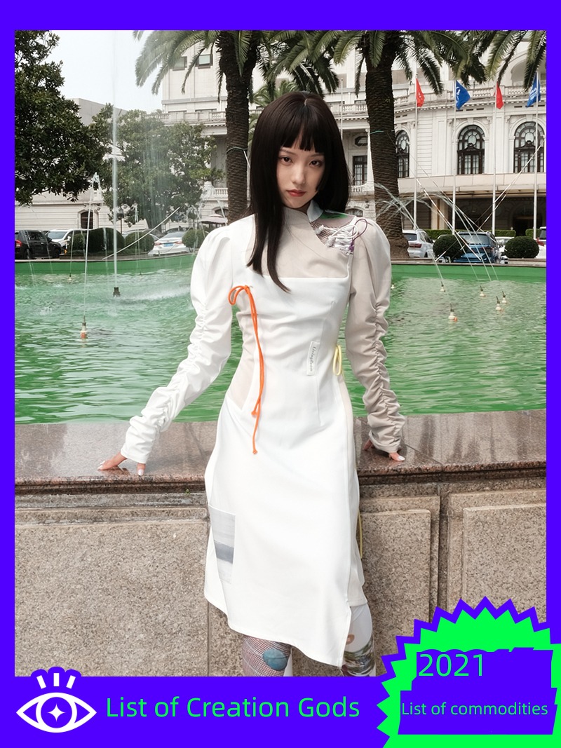 Original girl Cheongsam collar printing Asymmetry Dress