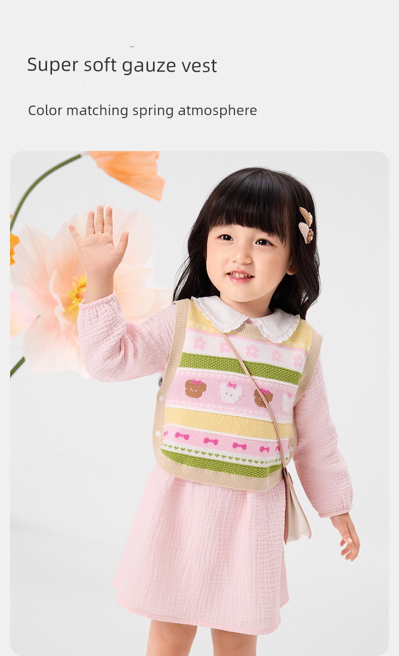 Pure Cotton Era Girls' Dress and Vest Set, Long-Sleeve Dress, Gauze Pure Cotton, New Spring/Summer Model, Same Style as in Stores — 6