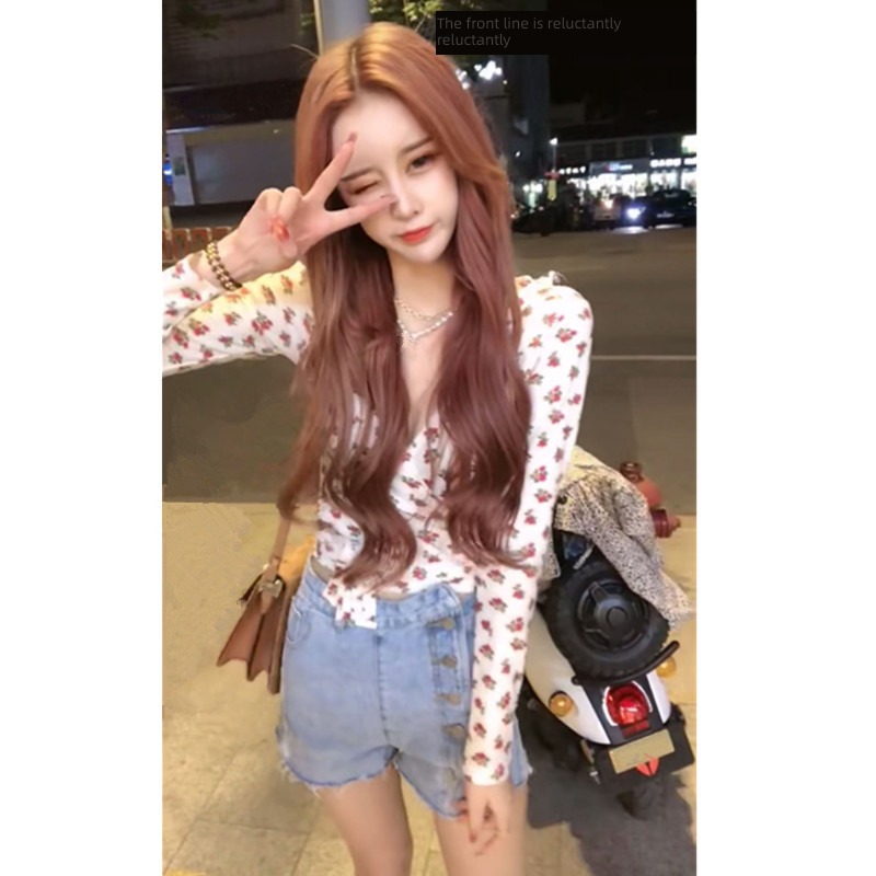 Internet celebrity Kwai Fu Self-cultivation V-neck overlapping Long sleeve T-shirt Cardigan
