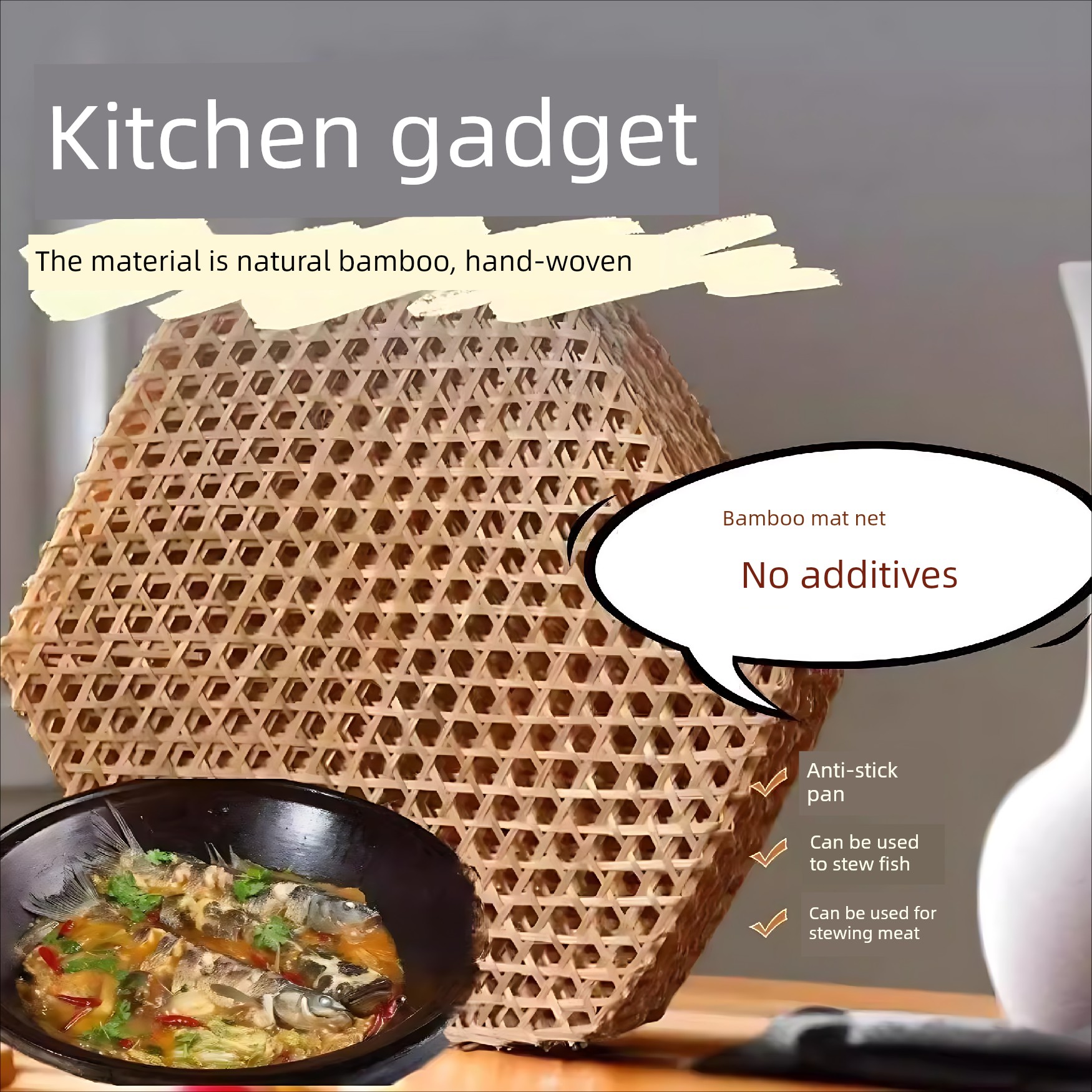 Bamboo Mesh Mat for Stewing Fish, Hexagonal Bamboo Mat, Household Anti-Scratch Tool for Pot Bottom, Non-Stick Bamboo Steaming Mat