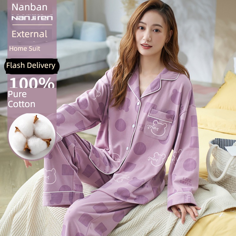 female Big size Long sleeve Cotton Autumn and winter Can be worn out pajamas