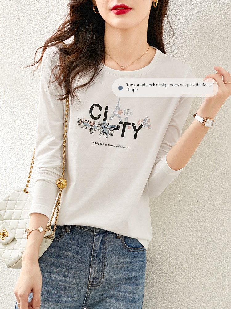 Paris Round neck Long sleeve easy Cotton printing T-shirt