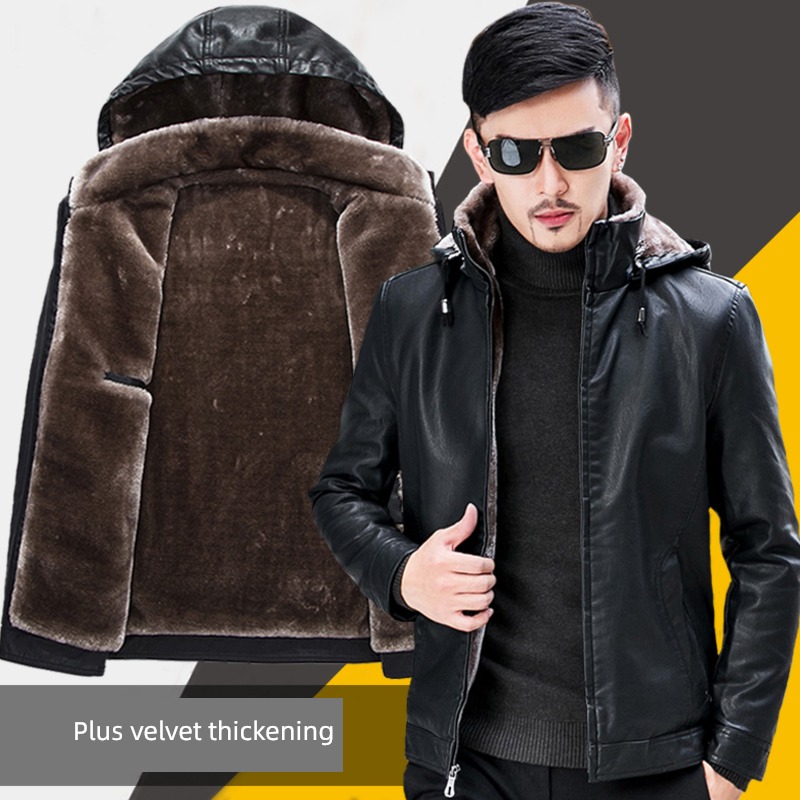Fur in one man leather clothing Plush thickening Wear a hat Leather coat Ride Hooded leather jacket male winter Leather jacket