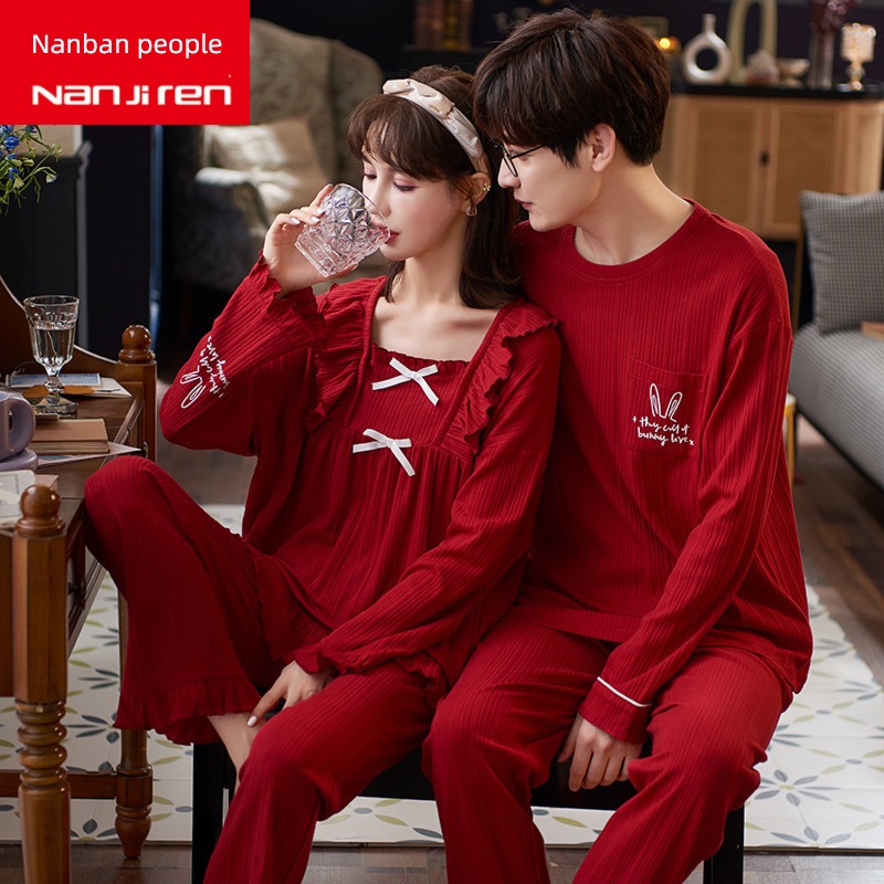NGGGN gules female pure cotton newly-married lovers pajamas