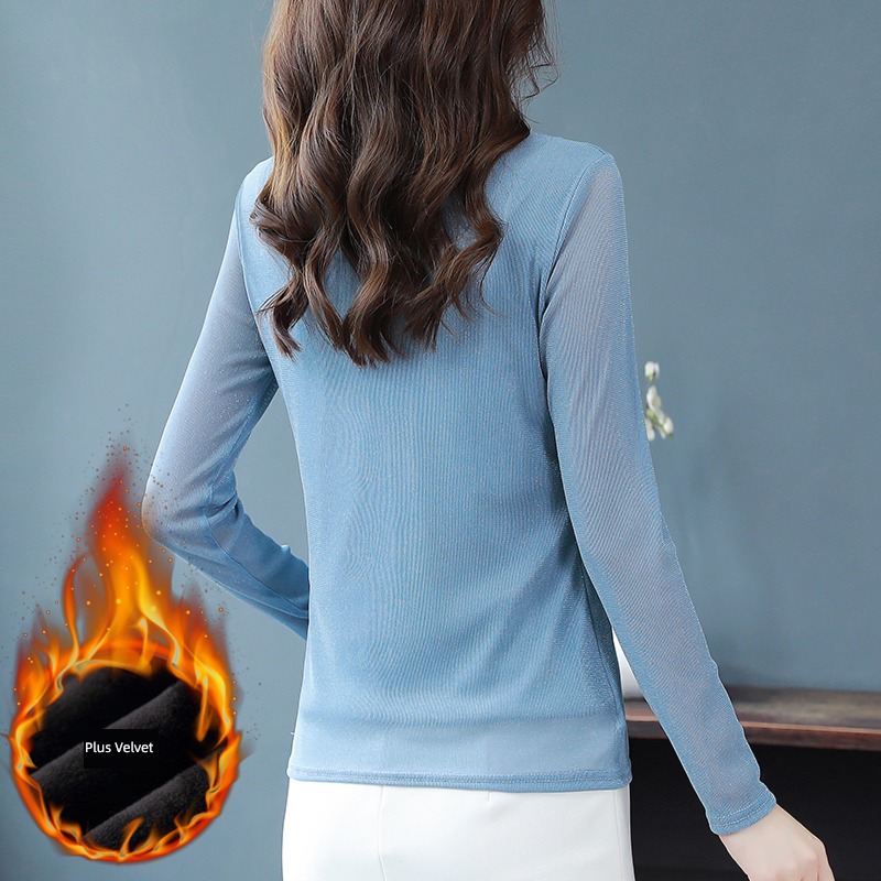 black Bright silk Gauze Undershirt ma'am Autumn and winter 2022 new pattern fashion Inner lap T-shirt Plush Long sleeve jacket