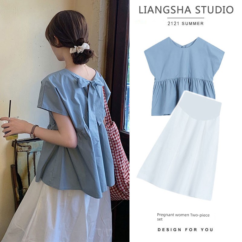 British next Adela Pregnant Women Summer Suit Casual Loose Tops Doll Shirt Skirt Two-piece Set