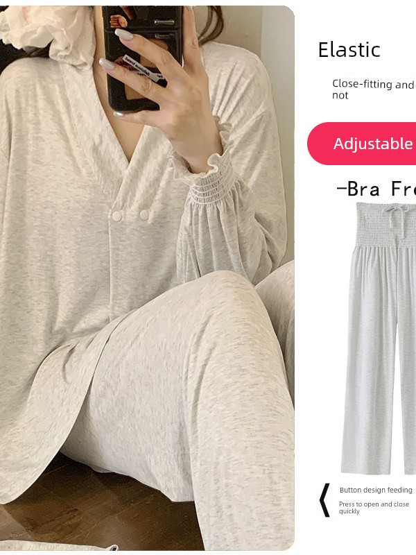 Free Hairband with Modal Maternity Pajamas for Women, Spring and Autumn Cool Nursing Postpartum Wear, Summer Thin Style with Breast Pads for Home Use — 4